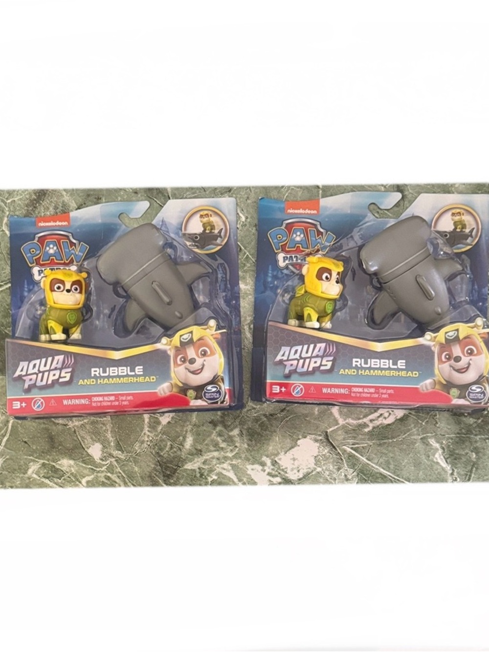 2 COUNT Aqua Pups Paw Patrol Yellow Rubble Figure & Hammerhead